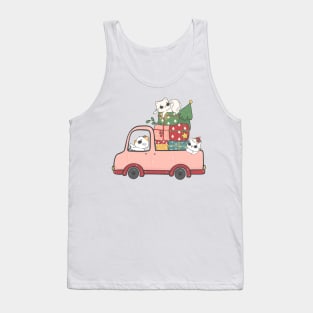 cute Christmas doodle cats and friends on car cartoon green and red Tank Top